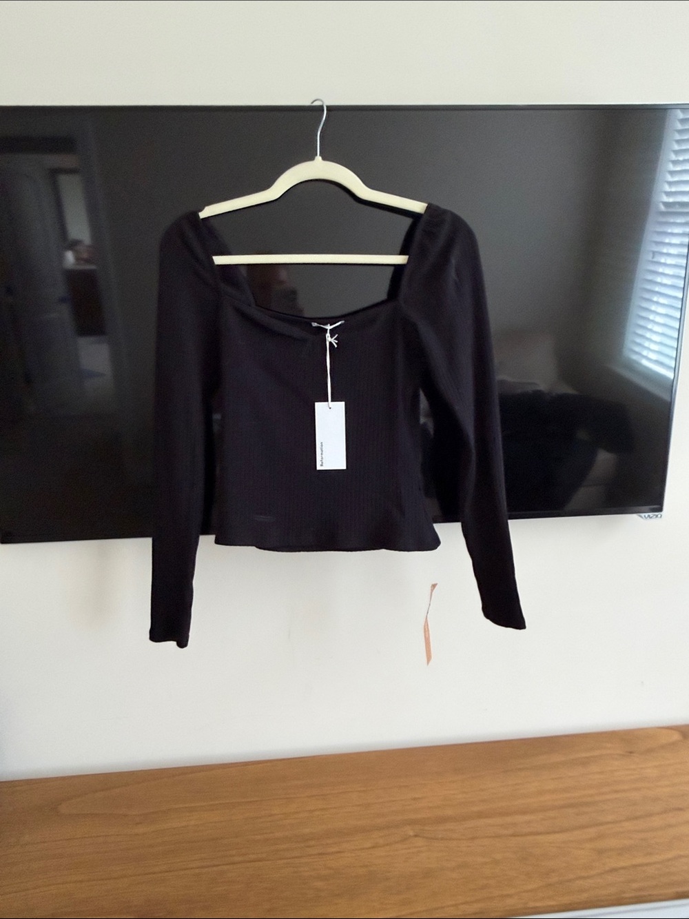 Reformation Black Long-Sleeve Square Neck Ribbed Top